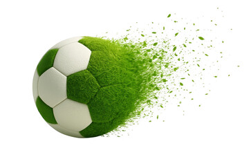 Soccer ball covered in green grass disintegrating into small particles isolated on transparent background
