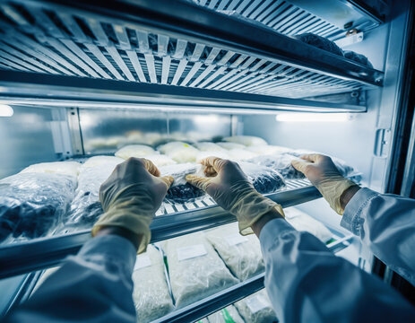 Close-up of gloved hands inspecting frozen food inside a cold storage unit, representing quality control in a clean, temperature-controlled environment