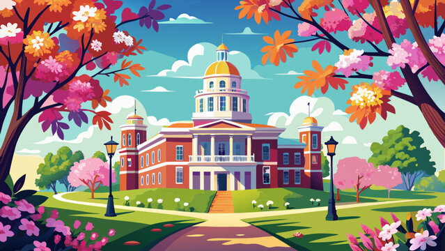 Very beautiful spring scene at the University of Missouri with blooming redbud trees framing the white dome of Jesse Hall, celebrating seasonal color and classic campus elegance.
