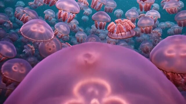 A multitude of pink jellyfish drifting in the ocean