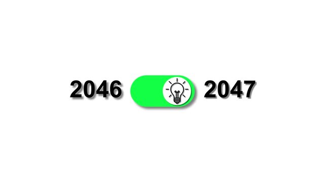 Toggle switch with light bulb icon between years 2046 and 2047 on white background slider