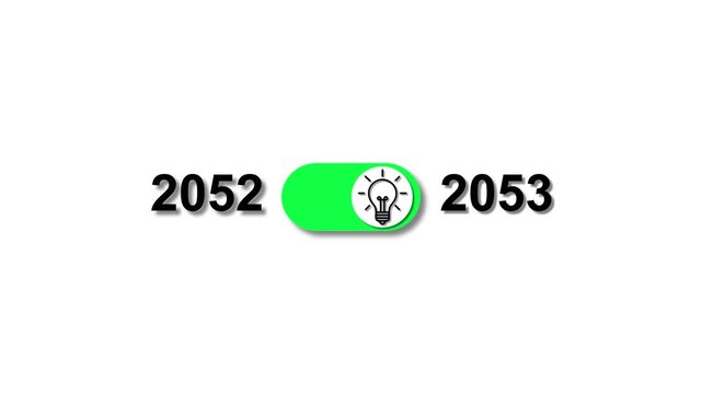 Year 2052 transitioning to 2053 with a glowing light bulb toggle switch change
