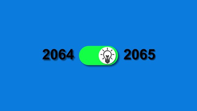 Year 2064 transitioning to 2065 with a glowing light bulb toggle switch on blue background change