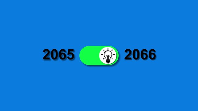 Year 2065 transitioning to 2066 with a glowing light bulb toggle switch on blue background new year
