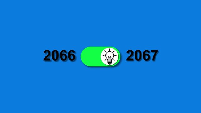 Year 2066 transitioning to 2067 with a glowing light bulb toggle switch on blue background new year