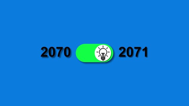 Year 2070 transitioning to 2071 with a glowing light bulb on a toggle switch new year