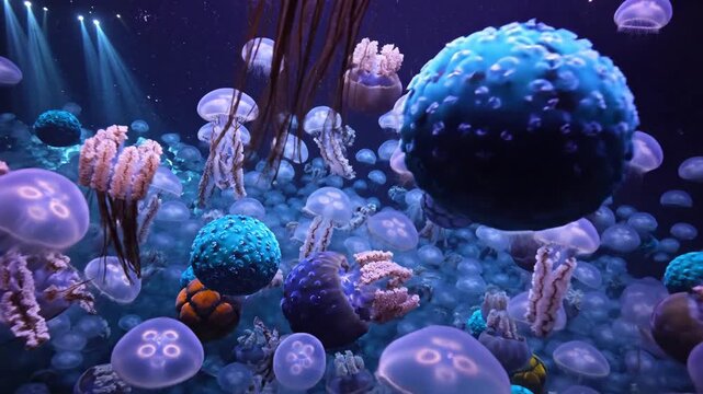 A school of bioluminescent jellyfish gracefully swimming