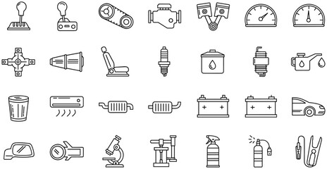 Fototapeta premium Automotive parts and tools icons set, mechanical line art featuring car components, maintenance equipment, and engineering essentials