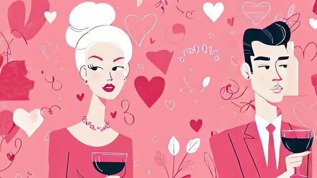 Romantic couple toasting wine on Valentine themed background.