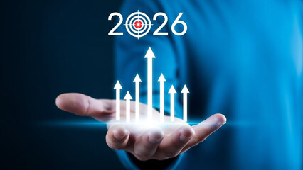 Businessman presenting upward growth trend for 2026 target