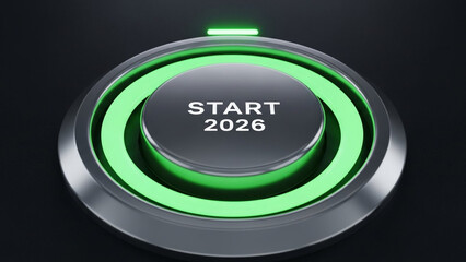 Modern start button for 2026 with glowing green light