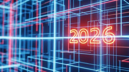Futuristic neon grid background with glowing 2026 numbers