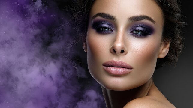 Beautiful Woman with Glamorous Purple Smoky Eye Makeup Portrait