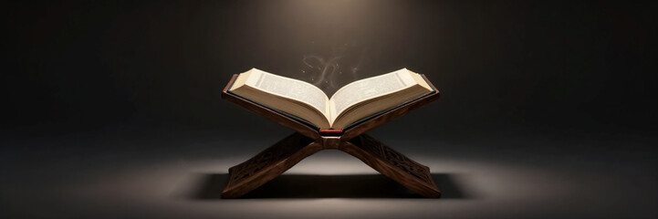 Quran on Wooden Stand Low Key Lighting