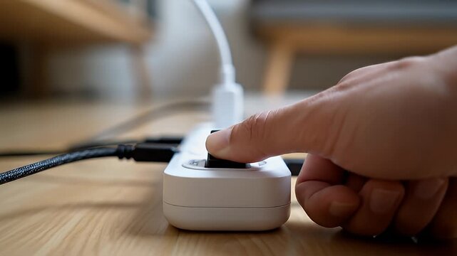 Video sequence showing power strip switch turning on and off with LED indicator.