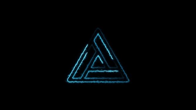 Geometric blue neon outline of a triangular symbol with interlocking lines and a sense of depth and complexity on a dark black background representing technology and innovation Keywords: triangle