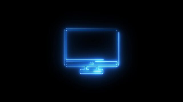 A bright blue neon outline of a modern computer monitor with a screen and stand on a dark black background representing digital technology and online connectivity Keywords: computer, monitor