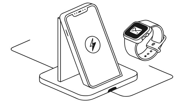 A minimalist vector illustration of a smartphone and smartwatch on a wireless charging pad