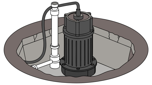 A detailed illustration of a sump pump system in a basement or crawlspace