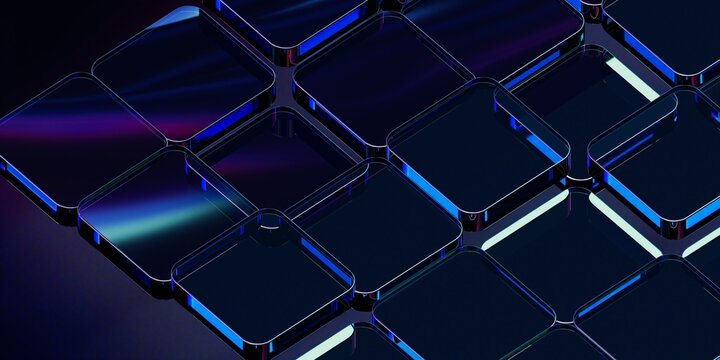 Modern abstract geometric 3D render background with shiny reflective blue glass cubes