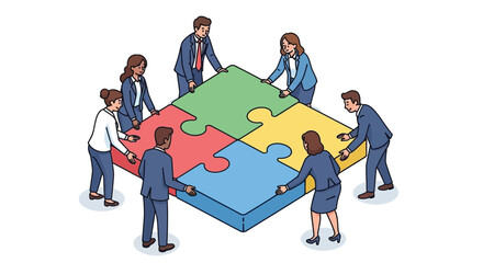Business team working together to complete a puzzle
