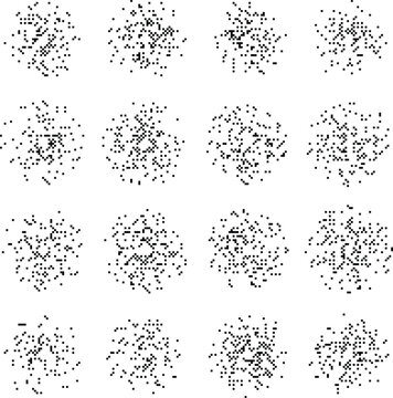 Pixelated Bitmap starburst icons dithered texture retro aesthetic digital noise Y2K grunge lo-fi asset isolated on transparent background vector illustration.