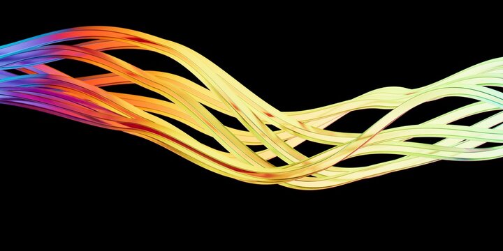 Digital abstract 3D render composition of translucent purple red orange glass wavy lines in dark background