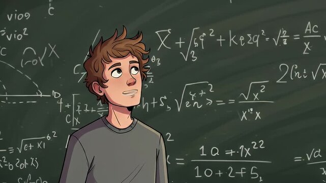 Student Contemplating Complex Math Equations on Blackboard Illustration.