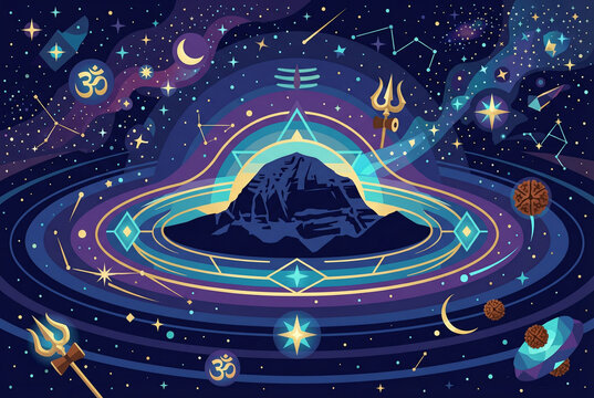 abstract mount kailash. hooly place of lord shiva.trishul, moon and cosmos beautiful spiritual illustration