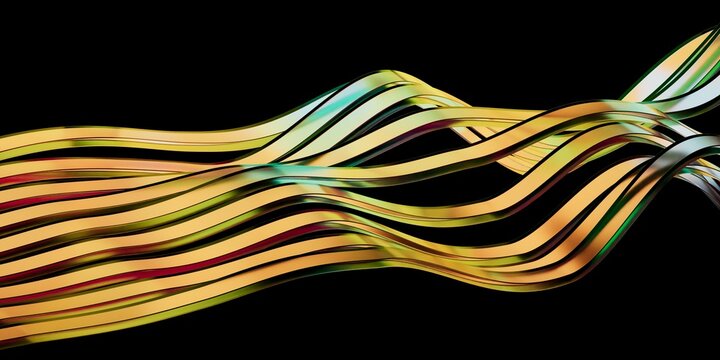 Elegant abstract 3D render background with smooth yellow green glass wave lines in balck background