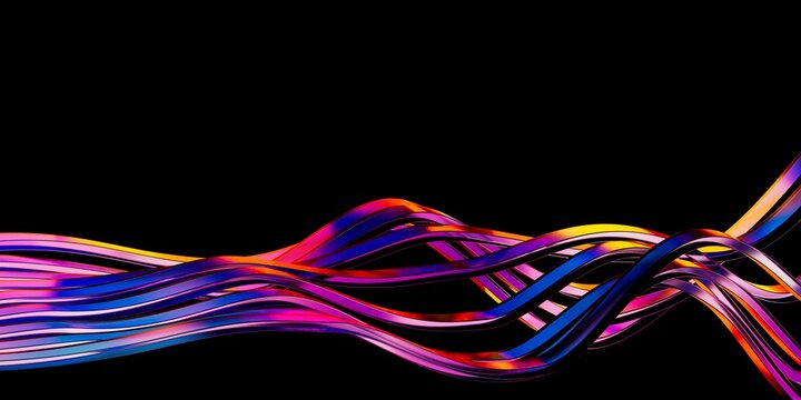Elegant abstract 3D render background with smooth colorful iridescent glass wave lines in balck background.