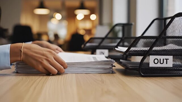 Office Paperwork Sorting In Out Tray Scene Video.