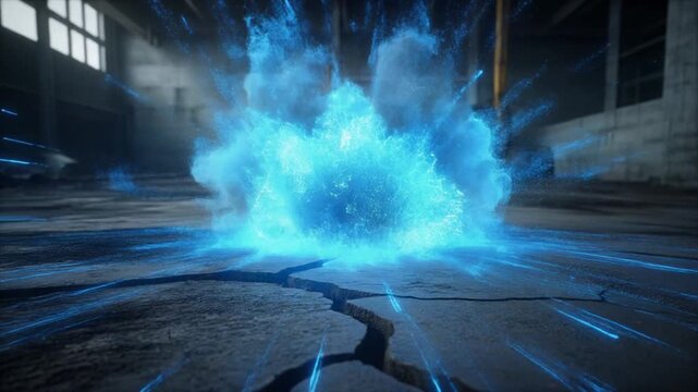 A blue energy explosion in an abandoned warehouse, with light rays bursting outward, creating a dramatic scene