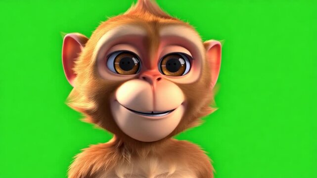 A cartoon monkey smiles on a green chroma key background with white space for text overlay