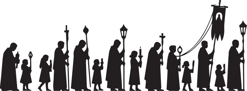 Religious pilgrimage silhouette illustration showing people marching in vector line art banner