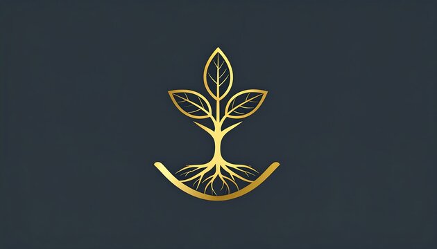 A stylized golden tree icon with leaves, trunk, and roots curving below against a dark gray backdrop