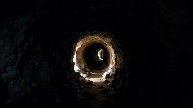 A dark, eerie tunnel with a light shining through a circular opening in a rocky, underground passageway, possibly used for abandonment or exploration