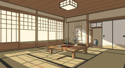 Traditional Japanese Room Interior with Tatami Mat.