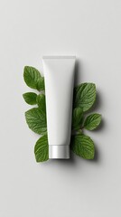 Eco Tube Mockup White Wood Background Green Leaves Clean Banner Design