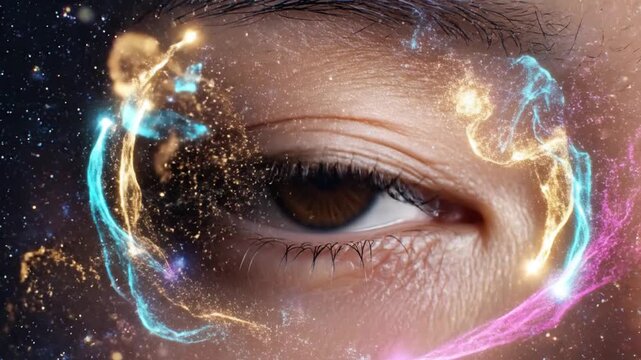 A close-up of a person's eye with colorful neon lights and sparks, set against a dark starry background, possibly used for futuristic or vision-related concepts