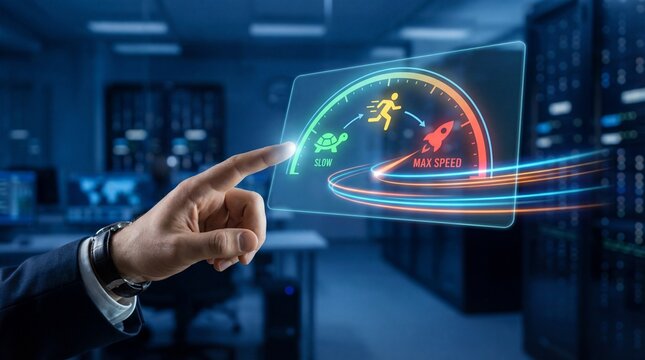 Businessman accelerating performance with speedometer interface