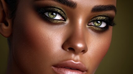 Naklejka premium Glamorous Gold Eye Makeup and Radiant Skin Beauty Close-Up