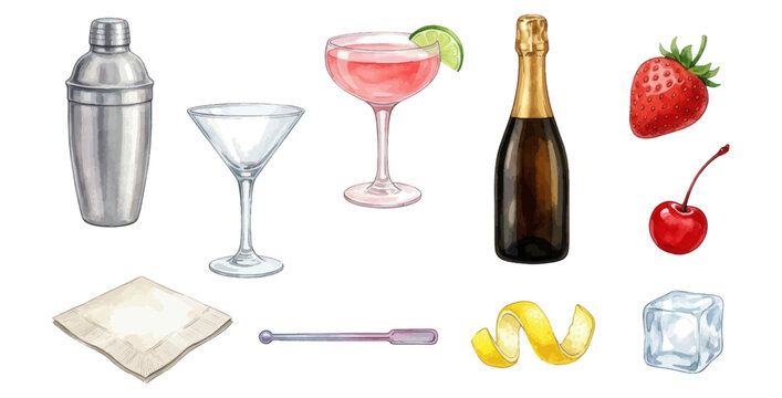 Cocktail ingredients and tools for making drinks