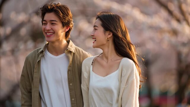 満開の桜並木の下を笑顔で歩きながら談笑する若い日本人カップル