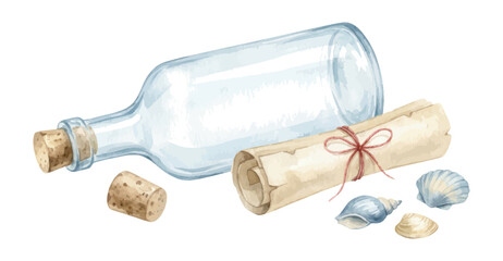 Message in bottle with scroll and seashells