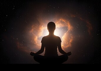 Silhouette of a person meditating in lotus position against a backdrop of a vibrant cosmic nebula and stars
