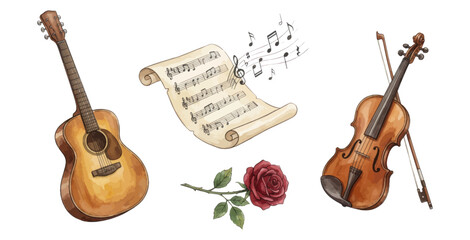 Romantic musical instruments with rose and score © Bipudas