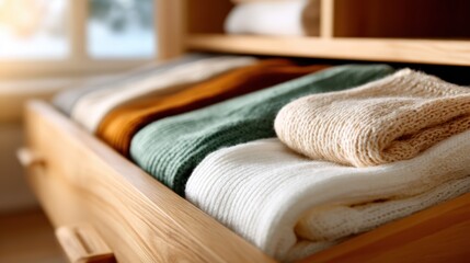 A tranquil image of neatly folded knitted sweaters in a wooden drawer, reflecting the comfort and warmth of winter clothing, perfect for lifestyle and home decor inspiration.