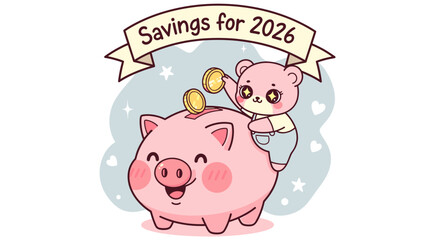 Cartoon Pink Piggy Bank with Baby Pig.