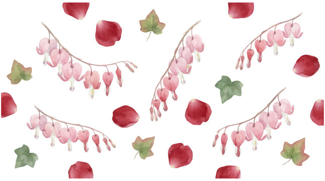 Watercolor bleeding heart flowers and rose petals
